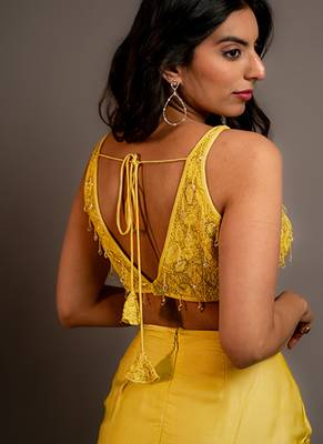 Yellow satin plain skirt with dupatta & embroidered blouse 4