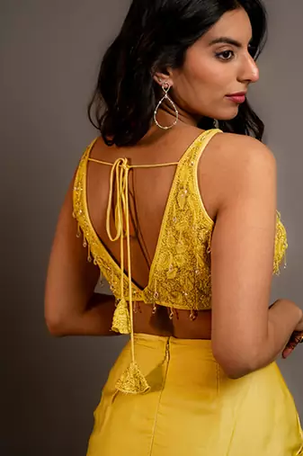 Yellow satin plain skirt with dupatta & embroidered blouse