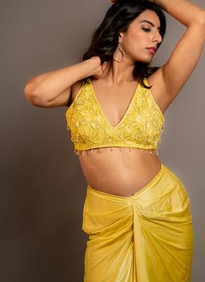 Yellow satin plain skirt with dupatta & embroidered blouse 5