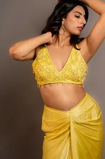 Yellow satin plain skirt with dupatta & embroidered blouse