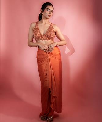 Rust satin plain skirt with dupatta & embroidered blouse 1