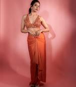 Rust satin plain skirt with dupatta & embroidered blouse