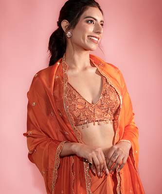 Rust satin plain skirt with dupatta & embroidered blouse 2