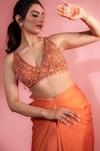 Rust satin plain skirt with dupatta & embroidered blouse