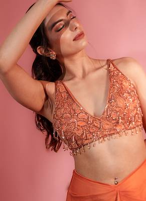 Rust satin plain skirt with dupatta & embroidered blouse 4