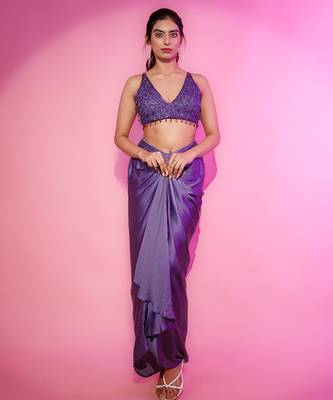 Blue satin plain skirt with dupatta & embroidered blouse 1