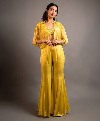 Yellow satin plain sharara with embroidered cape and blouse 1