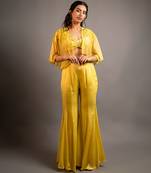 Yellow satin plain sharara with embroidered cape and blouse
