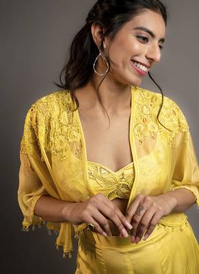 Yellow satin plain sharara with embroidered cape and blouse 2