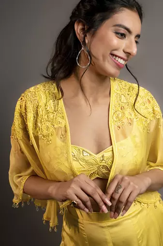 Yellow satin plain sharara with embroidered cape and blouse