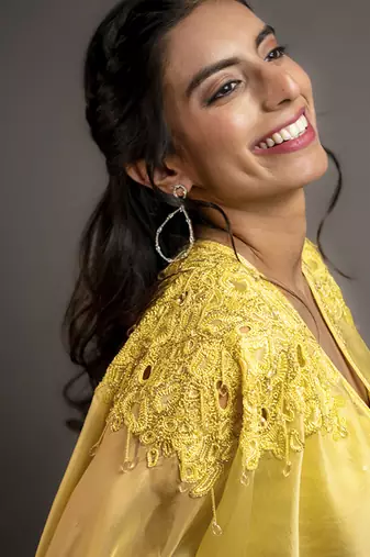 Yellow satin plain sharara with embroidered cape and blouse
