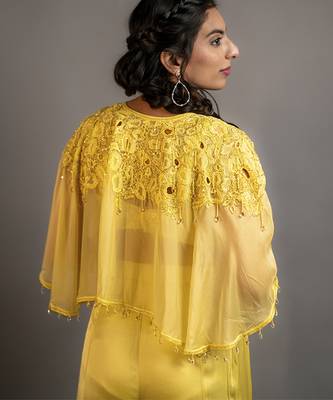 Yellow satin plain sharara with embroidered cape and blouse 4