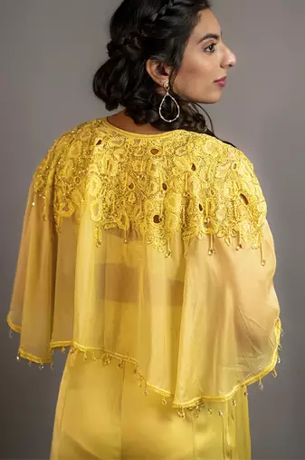 Yellow satin plain sharara with embroidered cape and blouse