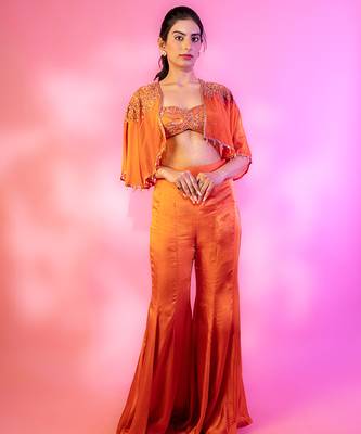 Rust satin plain sharara with embroidered cape and blouse 1