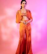 Rust satin plain sharara with embroidered cape and blouse