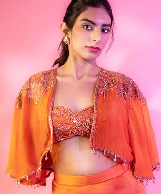 Rust satin plain sharara with embroidered cape and blouse 2