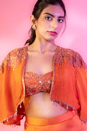 Rust satin plain sharara with embroidered cape and blouse