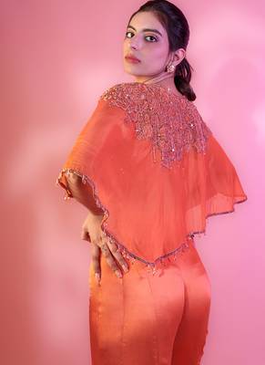 Rust satin plain sharara with embroidered cape and blouse 3
