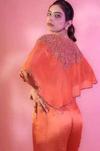 Rust satin plain sharara with embroidered cape and blouse