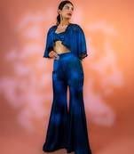 Blue satin plain sharara with embroidered cape and blouse