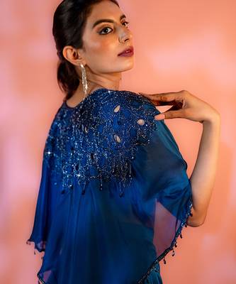 Blue satin plain sharara with embroidered cape and blouse 2