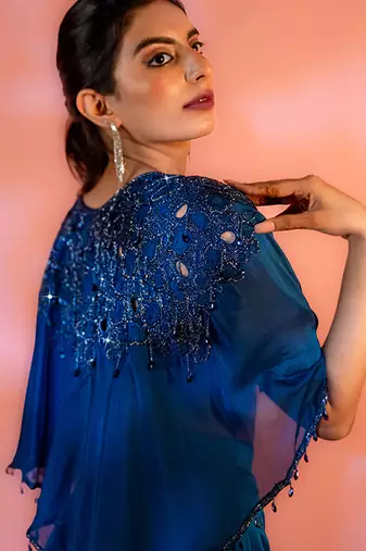 Blue satin plain sharara with embroidered cape and blouse
