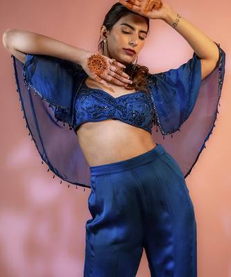 Blue satin plain sharara with embroidered cape and blouse 3