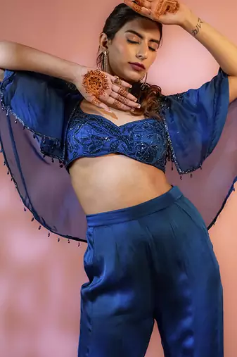 Blue satin plain sharara with embroidered cape and blouse