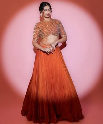Orange Organza plain Lehenga With Dupatta & Embroidered Blouse 2