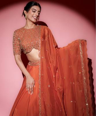 Orange Organza plain Lehenga With Dupatta & Embroidered Blouse 1