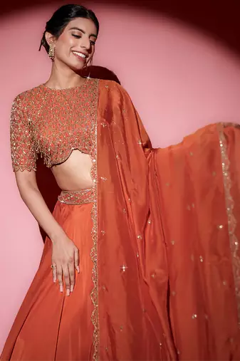 Orange Organza plain Lehenga With Dupatta & Embroidered Blouse