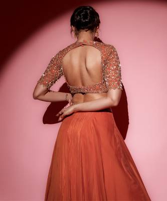 Orange Organza plain Lehenga With Dupatta & Embroidered Blouse 3