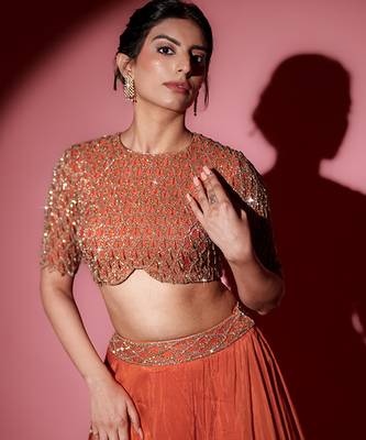 Orange Organza plain Lehenga With Dupatta & Embroidered Blouse 4