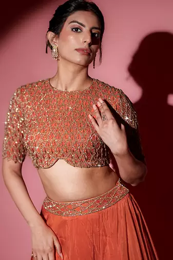 Orange Organza plain Lehenga With Dupatta & Embroidered Blouse