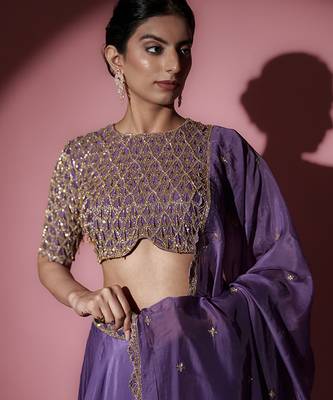 Blue Organza plain Lehenga With Dupatta & Embroidered Blouse 2