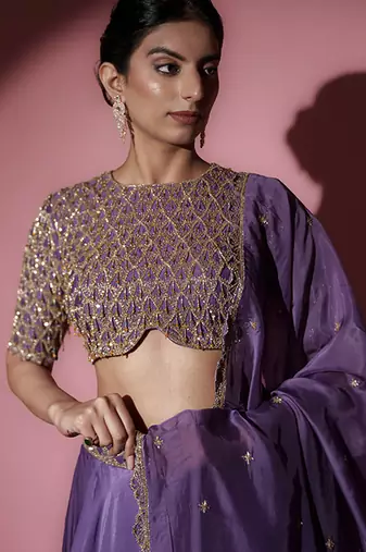 Blue Organza plain Lehenga With Dupatta & Embroidered Blouse
