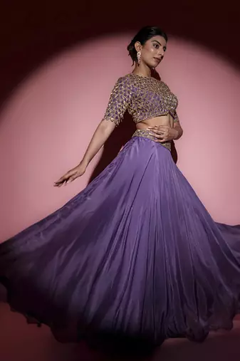 Blue Organza plain Lehenga With Dupatta & Embroidered Blouse