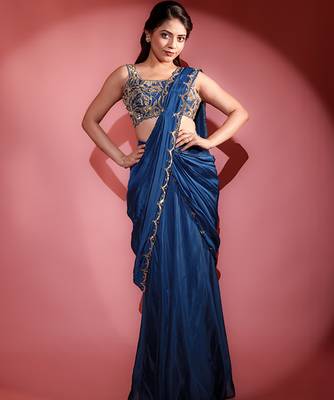 Blue organza embroidered saree with scallop border 1