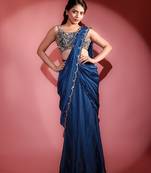 Blue organza embroidered saree with scallop border