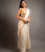 White organza embroidered saree with scallop border