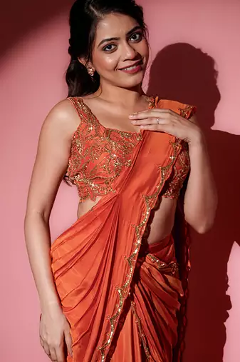 Rust organza embroidered saree with scallop border