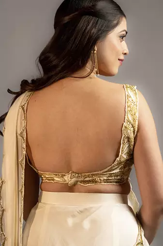 White organza embroidered saree with scallop border