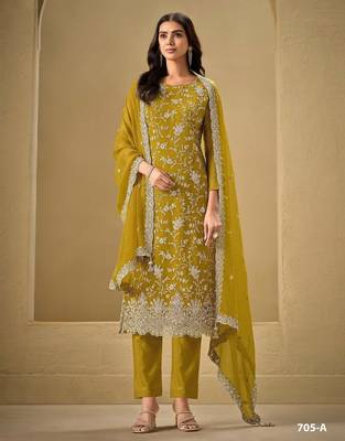 Yellow chinon silk semi stitched wedding suits 1