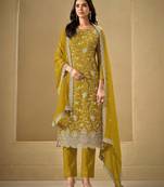 Yellow chinon silk semi stitched wedding suits