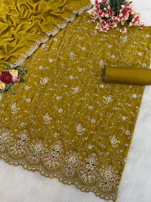 Yellow chinon silk semi stitched wedding suits 2