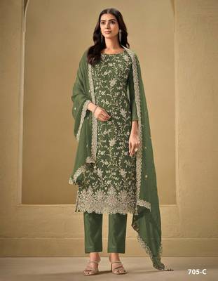 Dark green chinon silk semi stitched wedding suits 1