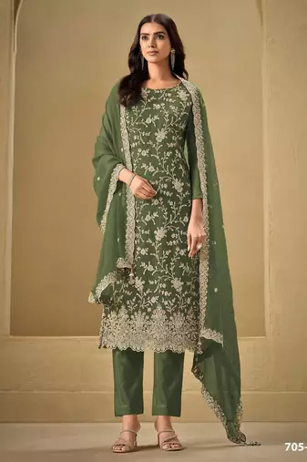 Dark green chinon silk semi stitched wedding suits
