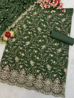 Dark green chinon silk semi stitched wedding suits 2
