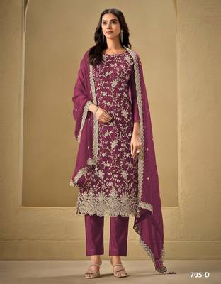 Magenta chinon silk semi stitched wedding suits 1