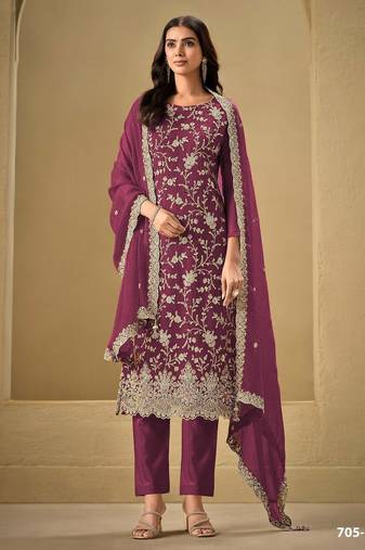 Magenta chinon silk semi stitched wedding suits